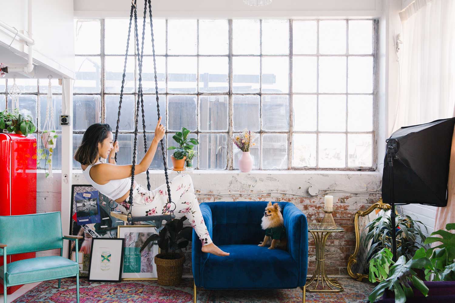 Happy Lady and Dog Enjoying Clean Home